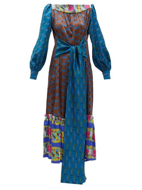 Matchesfashion.com Rianna + Nina - Callas Fish Print Silk Satin Midi Dress - Womens - Blue Multi