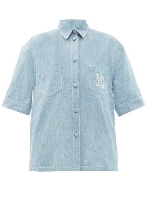 Ladies Rtw Fendi - Ff-embroidered Cotton-chambray Shirt - Womens - Light Denim