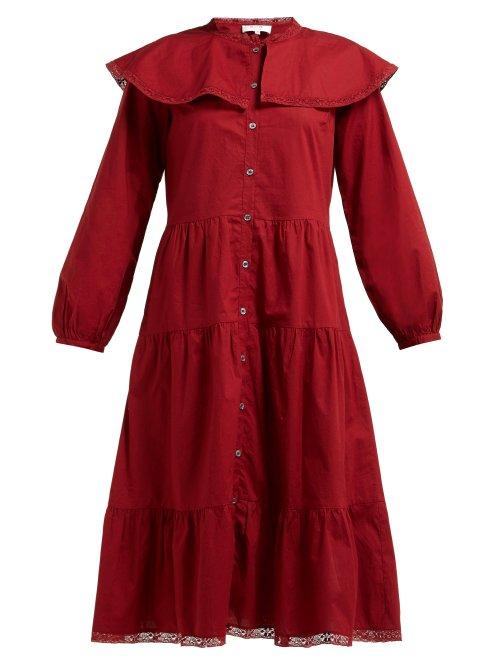 Matchesfashion.com Sea - Sailor Collar Tiered Cotton Midi Shirtdress - Womens - Red