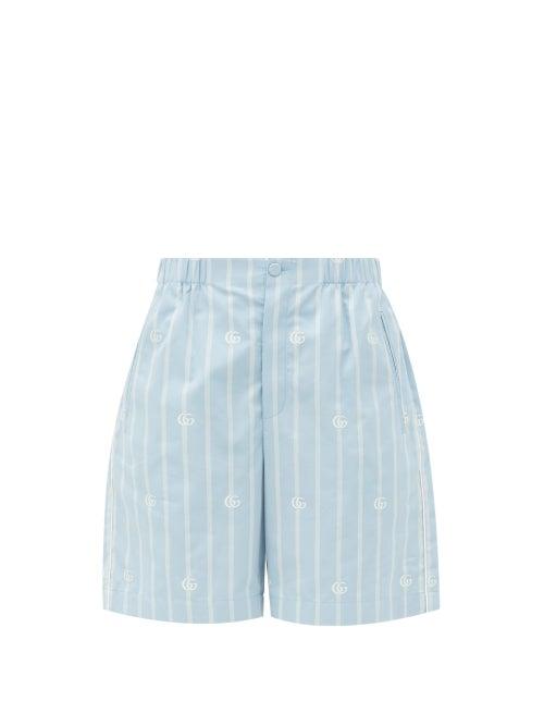 Matchesfashion.com Gucci - Logo-jacquard Striped Cotton-poplin Shorts - Womens - Light Blue