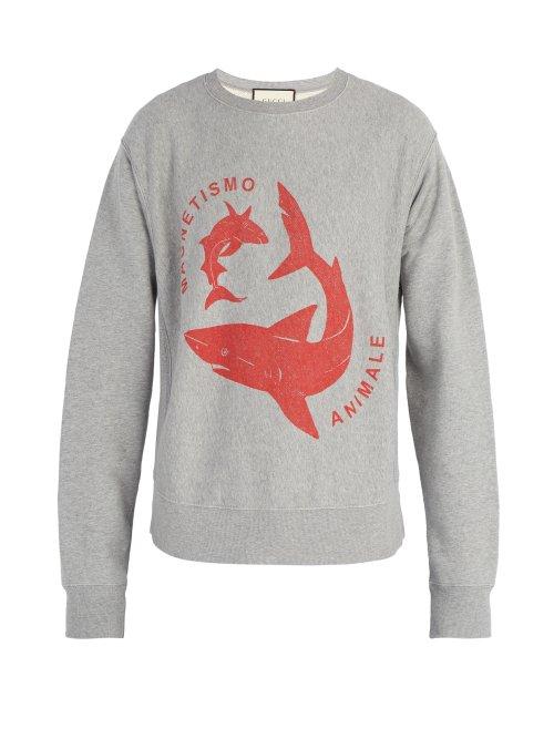 Matchesfashion.com Gucci - Shark Print Cotton Sweatshirt - Mens - Grey