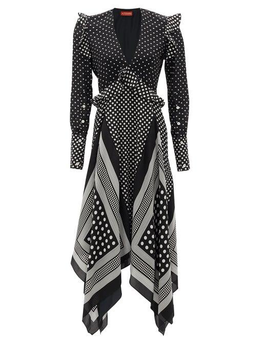 Matchesfashion.com Altuzarra - Bayview Handkerchief-hem Polka-dot Silk Midi Dress - Womens - Black White
