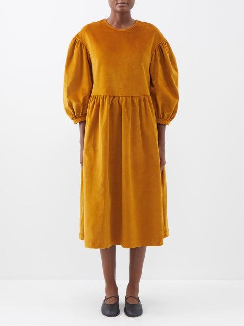 The Meaning Well - Margot Upcycled Cotton-velvet Midi Dress - Womens - Dark Yellow