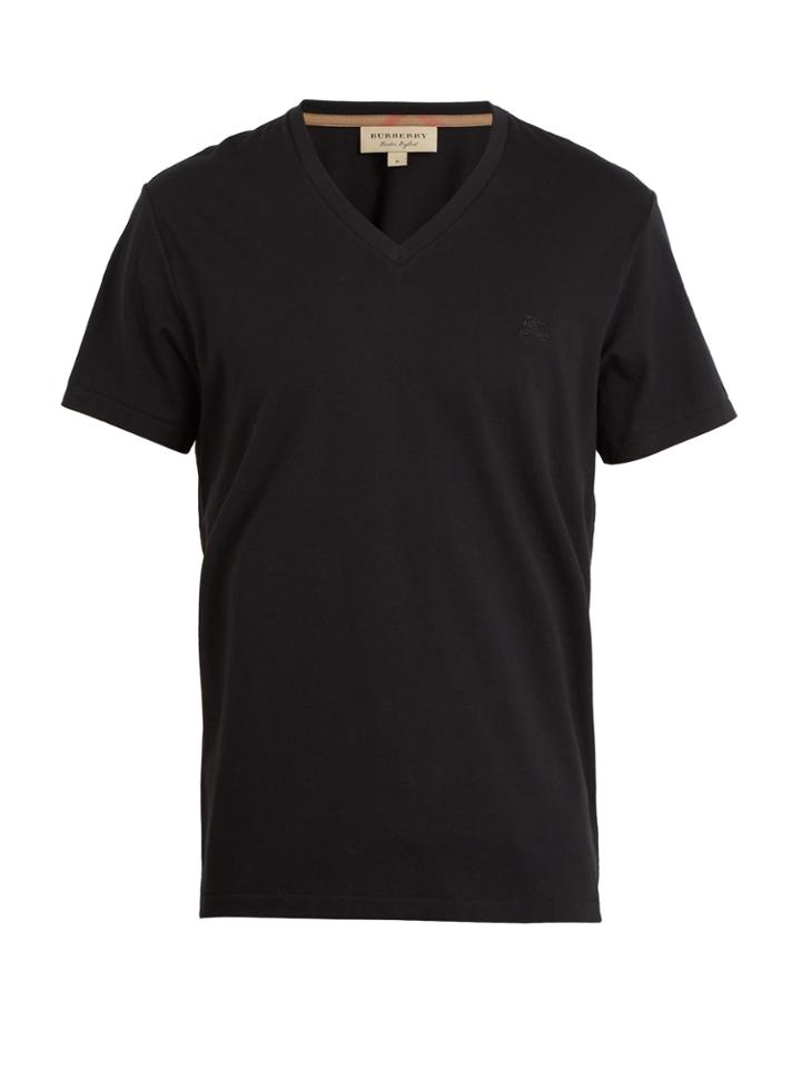 Burberry Logo-embroidered V-neck Cotton-jersey T-shirt