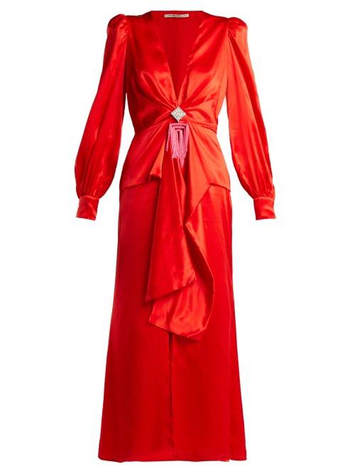 Matchesfashion.com Alessandra Rich - V Neck Crystal Embellished Silk Satin Dress - Womens - Red