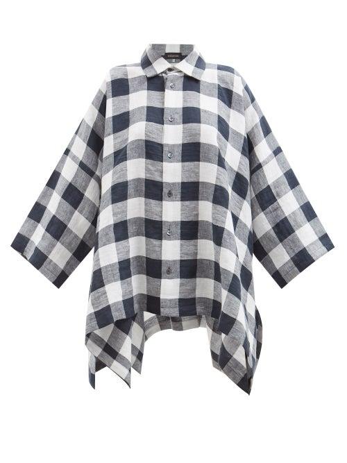 Eskandar - Handkerchief-hem Gingham Linen Shirt - Womens - Navy