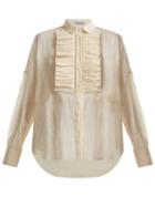Matchesfashion.com Brunello Cucinelli - Ruffled Bib Semi Sheer Cotton Shirt - Womens - Ivory