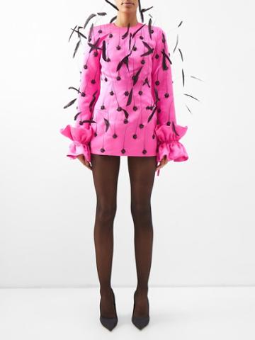 Richard Quinn - Lily Feather-trim Beaded Satin Mini Dress - Womens - Pink Black