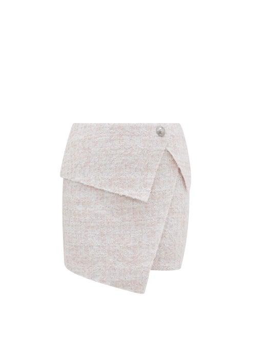 Matchesfashion.com Balmain - Asymmetric Boucl Tweed Wrap Skirt - Womens - Pink White