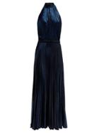 Matchesfashion.com Raquel Diniz - Giovanna Halterneck Pleated Velvet Gown - Womens - Dark Blue