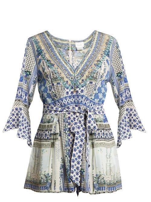 Matchesfashion.com Camilla - Salvador Summer V Neck Silk Playsuit - Womens - Blue Multi