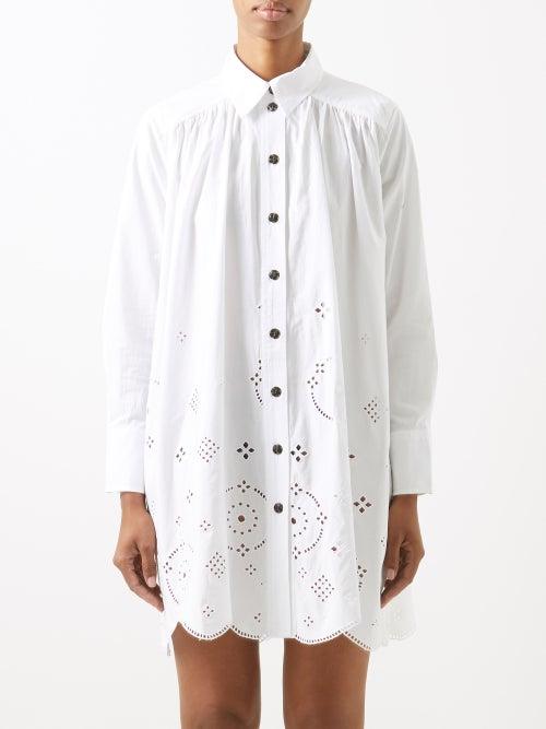Ganni - Broderie-anglaise Cotton-poplin Shirt Dress - Womens - White