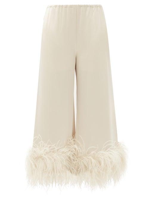 Matchesfashion.com 16arlington - Mandrake Cropped Feather-trimmed Satin Trousers - Womens - Beige
