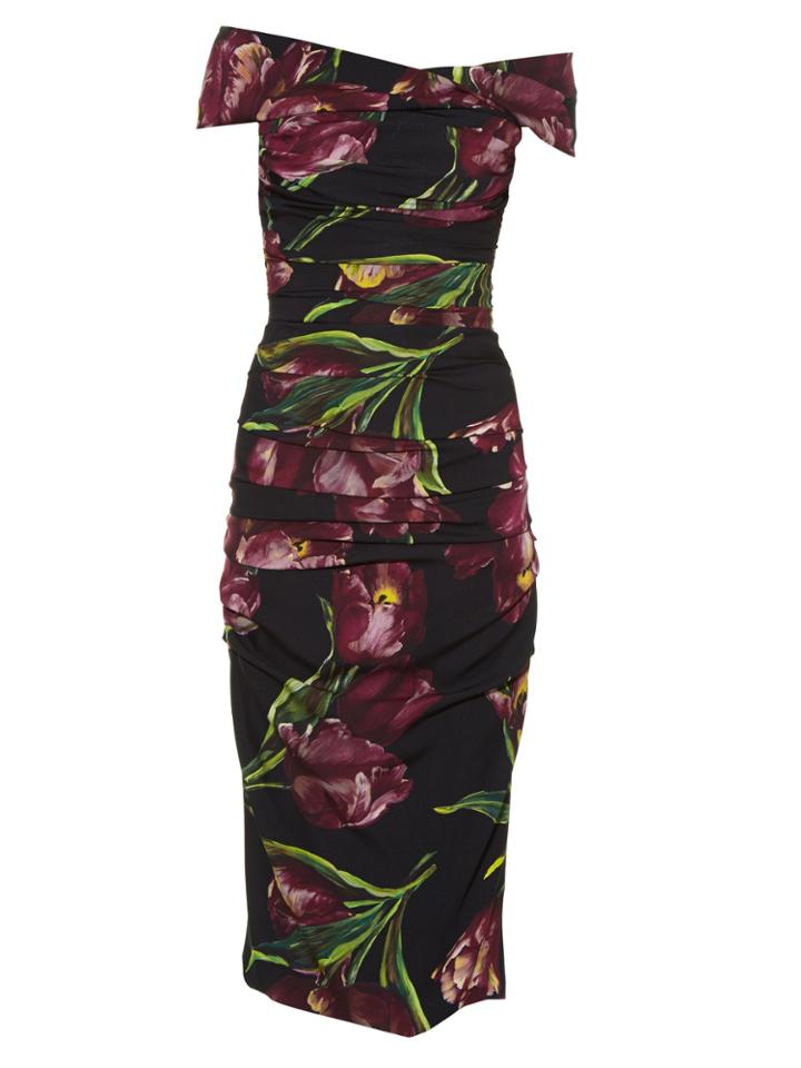 Dolce & Gabbana Tulip-print Off-the-shoulder Stretch-silk Dress