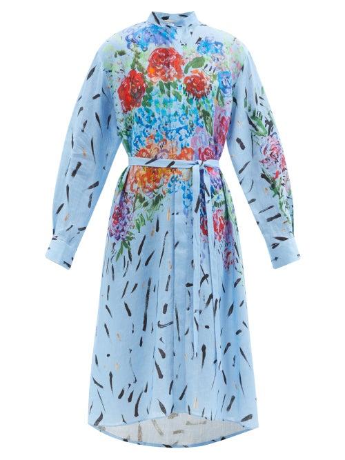 Ladies Rtw Christopher Kane - Floral Paint-print Linen Shirt Dress - Womens - Blue Multi