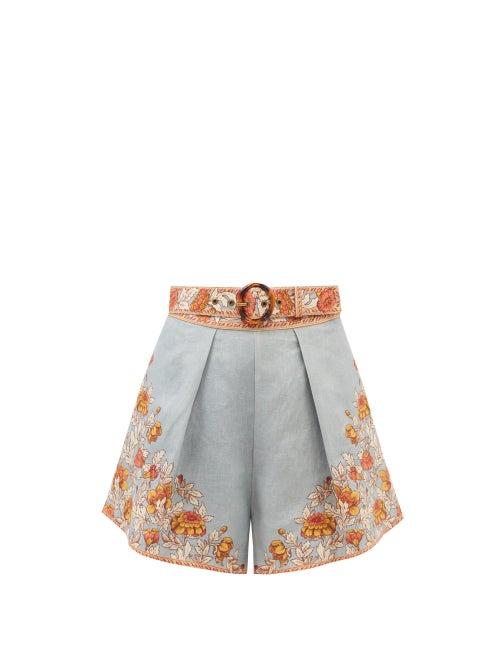 Zimmermann - Andie Belted Floral-print Linen Shorts - Womens - Blue Print