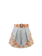 Zimmermann - Andie Belted Floral-print Linen Shorts - Womens - Blue Print