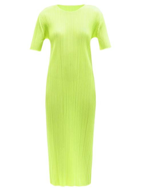 Ladies Rtw Pleats Please Issey Miyake - Round-neck Technical-pleated Midi Dress - Womens - Yellow