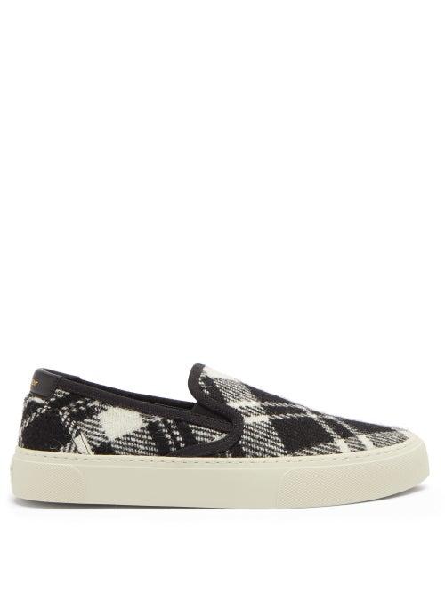 Matchesfashion.com Saint Laurent - Venice Tartan Wool-canvas Slip-on Trainers - Womens - Black White
