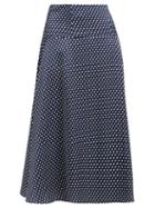 Matchesfashion.com Erdem - Elvin Polka Dot Crepe Midi Skirt - Womens - Navy White