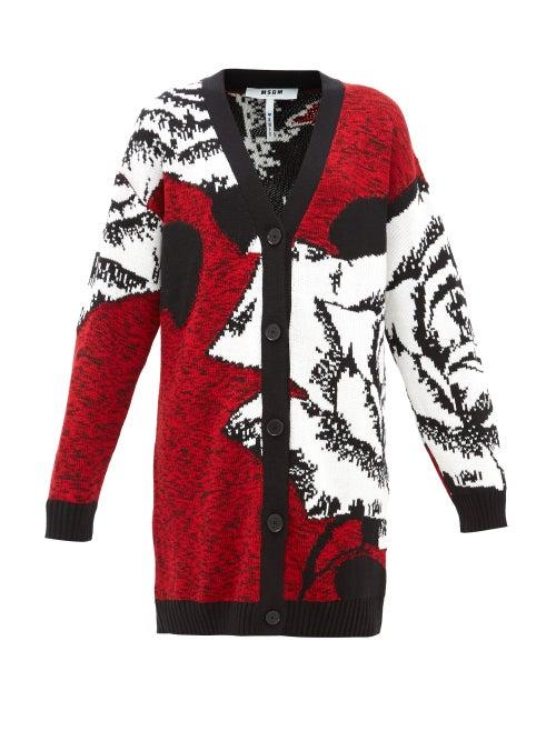 Matchesfashion.com Msgm - Rose Jacquard Longline Wool Blend Cardigan - Womens - Red Multi