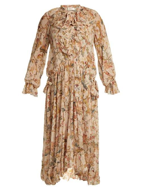 Matchesfashion.com Zimmermann - Painted Heart Floral Print Ruffle Trim Silk Dress - Womens - Pink Multi