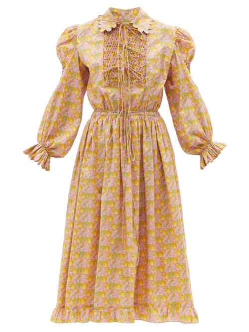 Matchesfashion.com Horror Vacui - Pernille Floral-print Cotton-poplin Dress - Womens - Yellow Multi