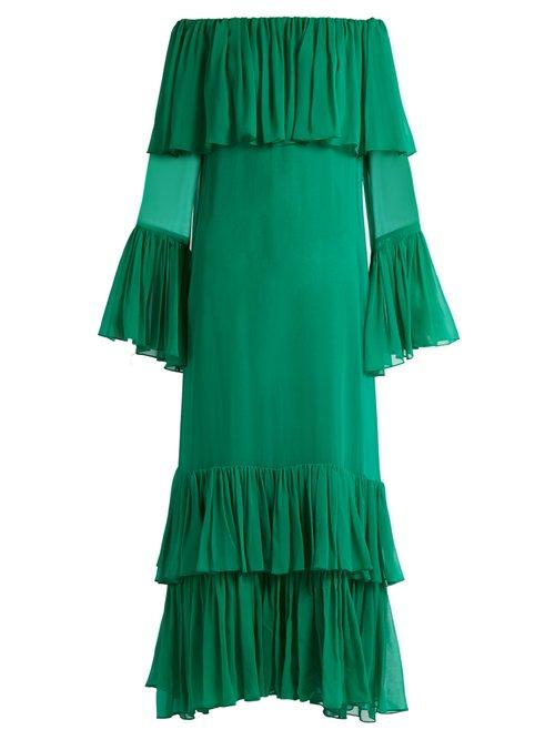 Matchesfashion.com By. Bonnie Young - Off The Shoulder Tiered Silk Chiffon Gown - Womens - Green
