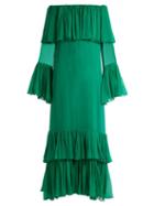 Matchesfashion.com By. Bonnie Young - Off The Shoulder Tiered Silk Chiffon Gown - Womens - Green