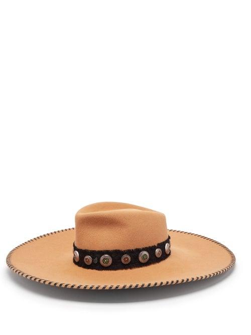 Matchesfashion.com Maison Michel - Pina Studded-charm Wide-brim Felt Hat - Womens - Tan