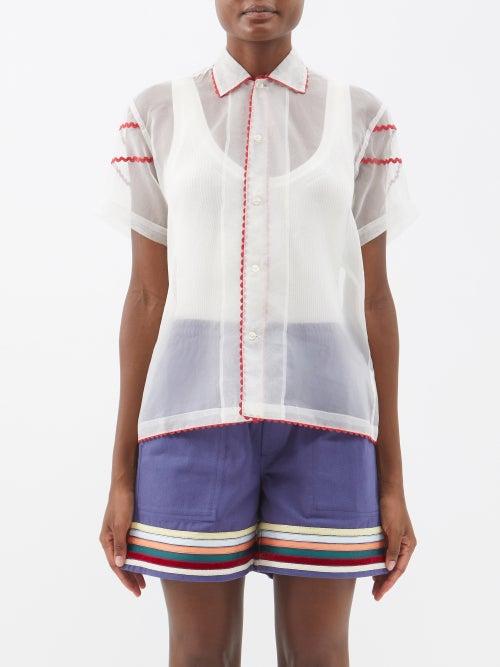 Bode - Short-sleeved Ricrac-trim Sheer-silk Shirt - Womens - Cream Multi