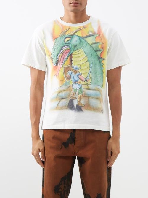 Erl - Dragon-print Cotton-jersey T-shirt - Mens - White Multi