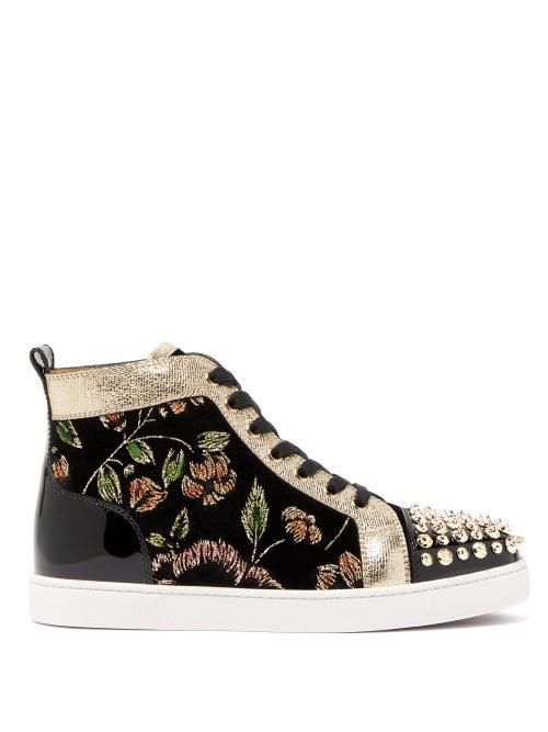 Matchesfashion.com Christian Louboutin - Lou Spikes Glitter Flower Velvet High Top Trainers - Womens - Black Multi