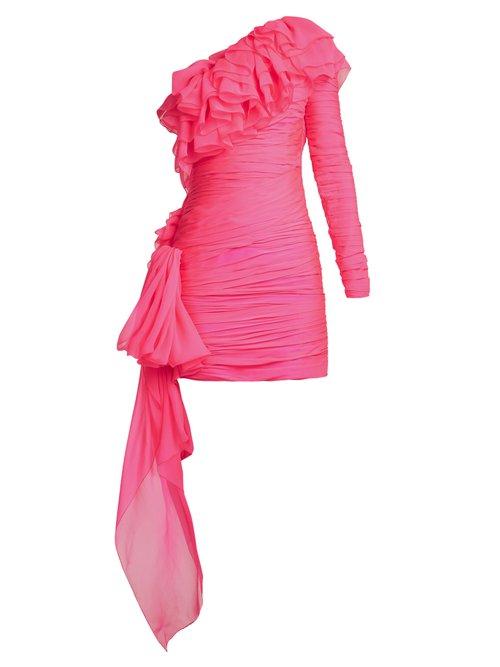 Matchesfashion.com Dundas - One Shoulder Tiered Ruffle Mini Dress - Womens - Pink