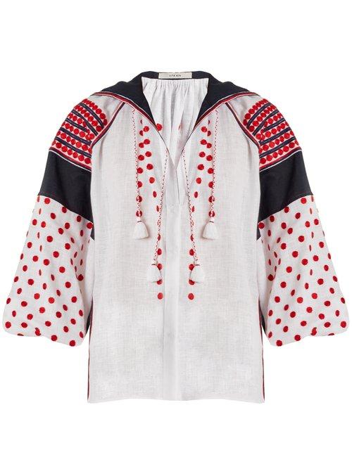 Matchesfashion.com Vita Kin - Dots Embroidered Mid Weight Linen Blouse - Womens - Red White