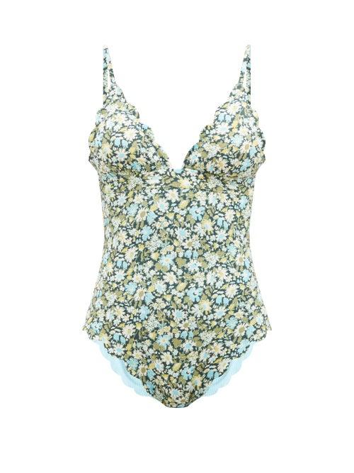 Marysia - Santa Clara Floral-print Scalloped-edge Swimsuit - Womens - Blue Floral