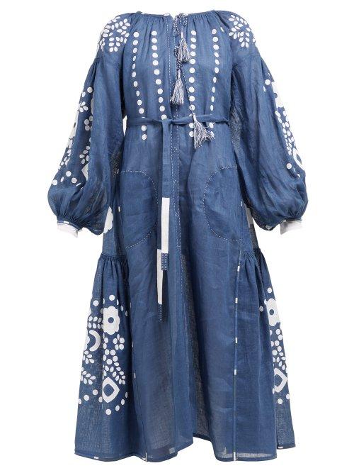 Matchesfashion.com Vita Kin - Cherry Blossom Linen Voile Midi Dress - Womens - Navy White