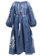 Matchesfashion.com Vita Kin - Cherry Blossom Linen Voile Midi Dress - Womens - Navy White