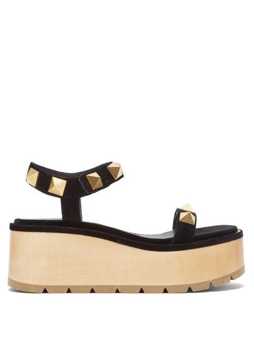Matchesfashion.com Valentino Garavani - Roman Stud Velvet And Leather Flatform Sandals - Womens - Black