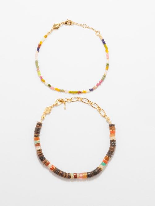 Anni Lu - Set Of Two Beaded 18kt Gold-plated Bracelets - Womens - Brown Multi