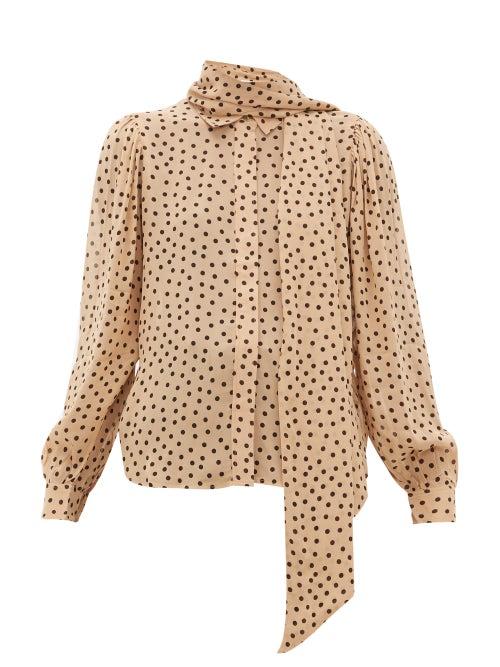 Matchesfashion.com Ganni - Pussy-bow Polka-dot Crepe Blouse - Womens - Beige