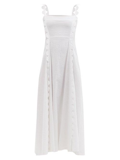 Ladies Beachwear Wiggy Kit - Scalloped-edge Cotton-seersucker Dress - Womens - White