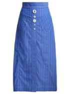 Matchesfashion.com Ellery - Aggie Striped Cotton Midi Skirt - Womens - Light Blue