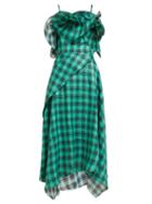 Matchesfashion.com Osman - Julie Check Print Ruffle Bodice Linen Midi Dress - Womens - Green Multi