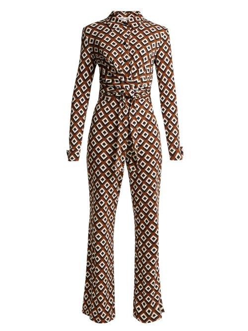 Matchesfashion.com Diane Von Furstenberg - Michele Diamond Print Silk Jumpsuit - Womens - Brown Print