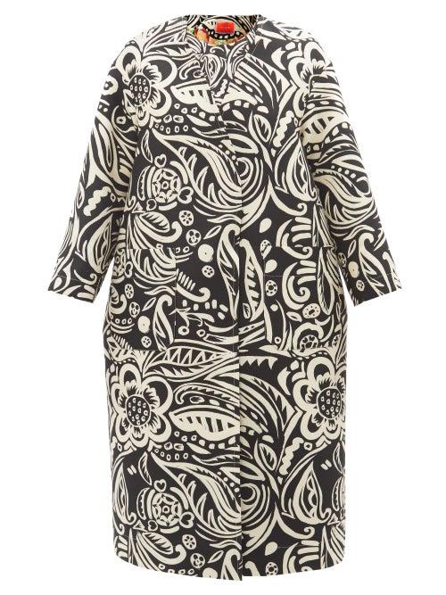 La Doublej - Topper Botanical-print Crepe Coat - Womens - Black White