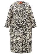 La Doublej - Topper Botanical-print Crepe Coat - Womens - Black White