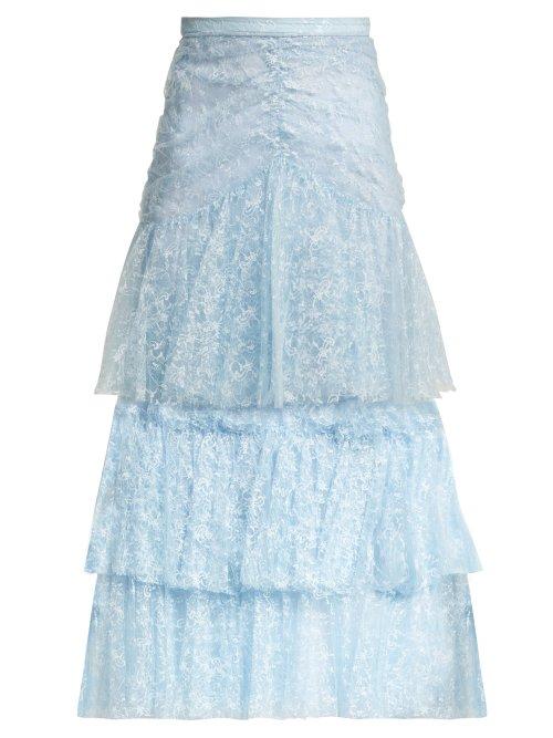 Matchesfashion.com Rodarte - Tiered Ruffled Lace Midi Skirt - Womens - Blue Print