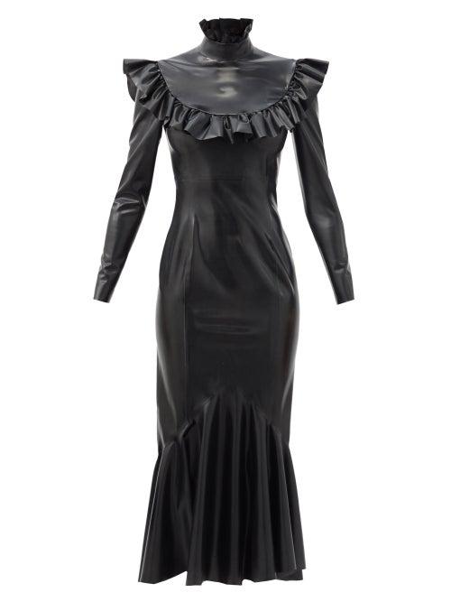 Matchesfashion.com Saint Laurent - Ruffled-collar Fluted-hem Latex Midi Dress - Womens - Black