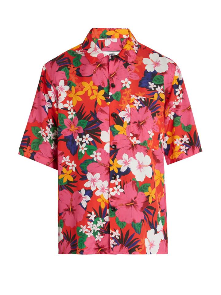 Ami Floral-print Spread-collar Cotton Shirt